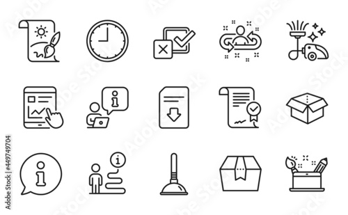 Line icons set. Included icon as Internet report, Vacuum cleaner, Time signs. Approved agreement, Checkbox, Package box symbols. Plunger, Recruitment, Download file. Open box line icons. Vector