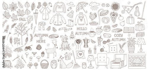A set of decorative elements. Autumn  cozy home  hugge. Clothing  crops  animals  interior  cozy. Design collection of outline doodles. Black and white vector illustration. Isolated on white.