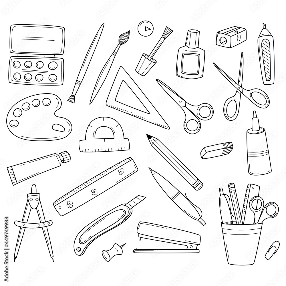 A set of school stationery and office supplies. Doodle icon set. Hand-drawn decorative elements. Black and white outline vector illustration. Isolated on a white background. A set of school stationery and office supplies. Doodle icon set. Hand-drawn decorative elements. Black and white outline vector illustration. Isolated on a white background.