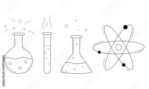 A set of doodle icons with flasks, test tubes, beakers. Inventory, for analysis and chemical research. Hand-drawn decorative elements. Black and white outline vector illustration. Isolated on white