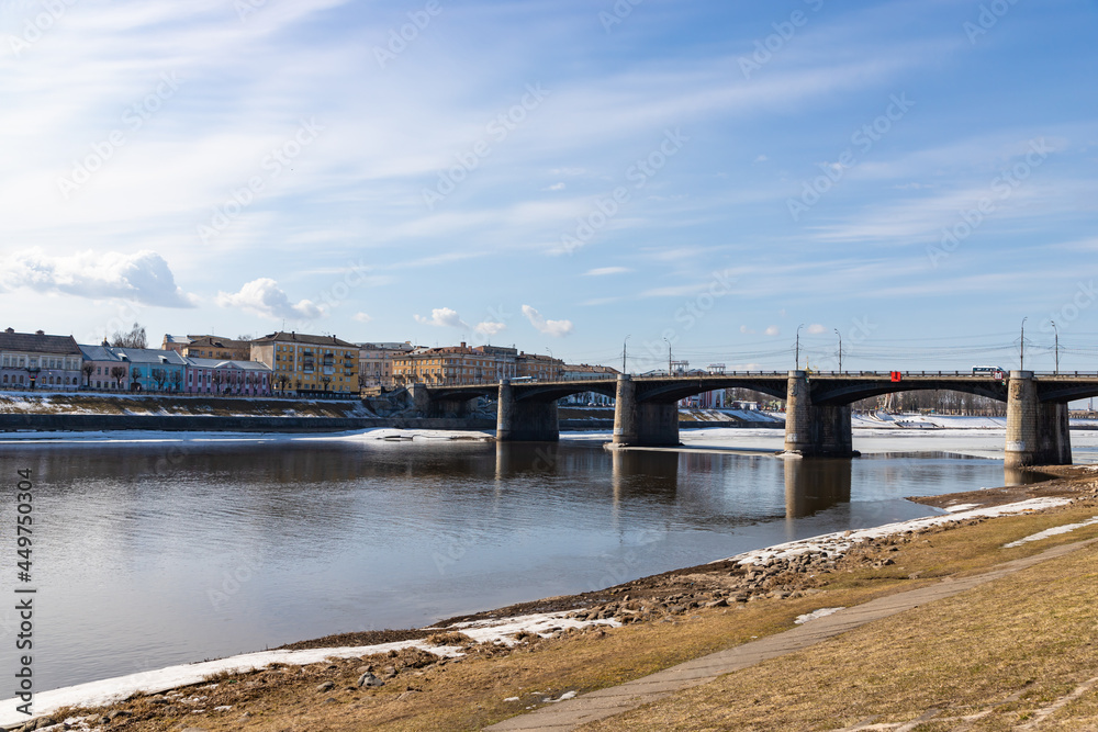 New Volga bridge in spring landscape Volga river shore in Tver city