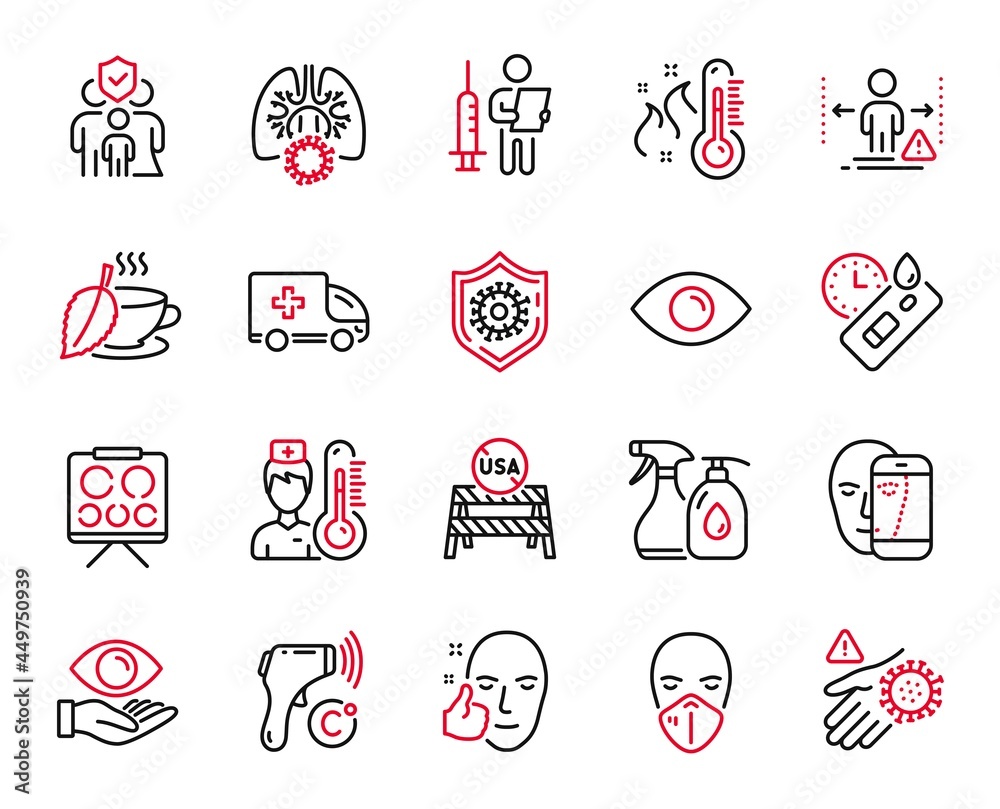 Vector Set of Medical icons related to Ambulance emergency, Medical mask and Wash hand icons. Mint tea, Covid test and Electronic thermometer signs. Eye, Vaccination announcement. Vector