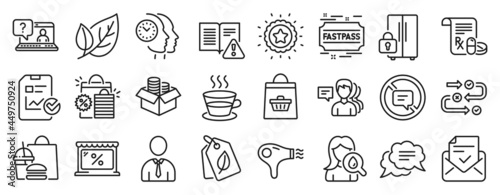 Set of Business icons, such as People, Shopping bags, Text message icons. Hair dryer, Winner star, Coffee cup signs. Faq, Survey progress, Approved mail. Leaf, Refrigerator, Market. Human. Vector