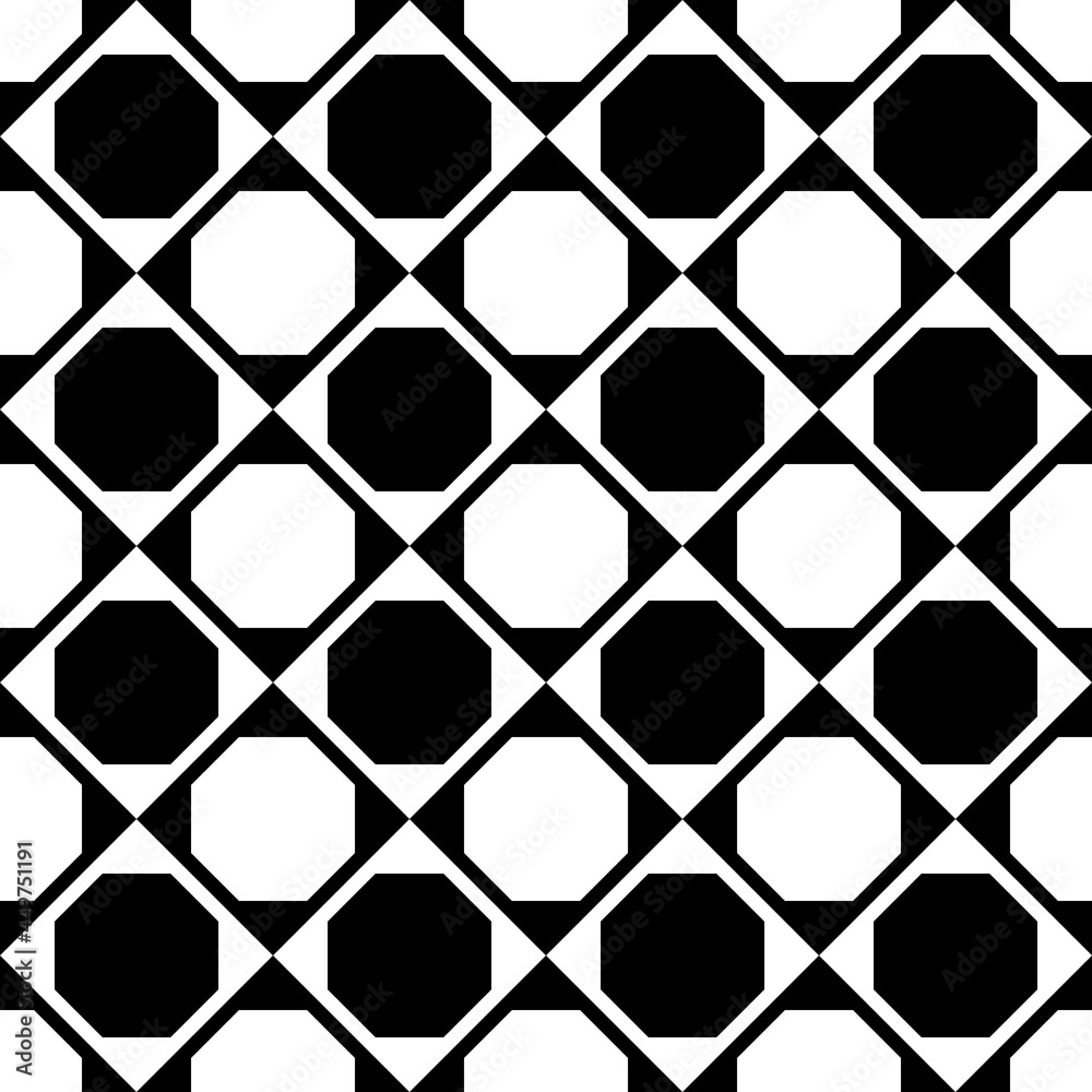 Fototapeta premium Checker diagonal ornament with octagons. Vector seamless black and white cells.