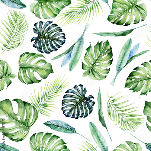 Watercolor bright tropical seamless pattern for fabric. Hawaii seamless pattern for home decor, textile. Tropical greenery, palm leaves repeat pattern