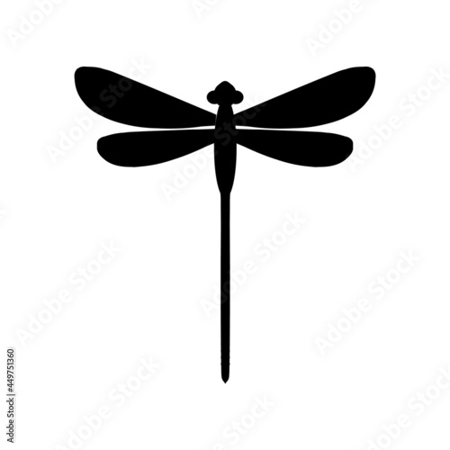 Icon of dragonfly isolated on white background. Black darning-needle silhouette. Flat style flying adder. Vector illustration for logo, web site, packaging, pattern, wrapping