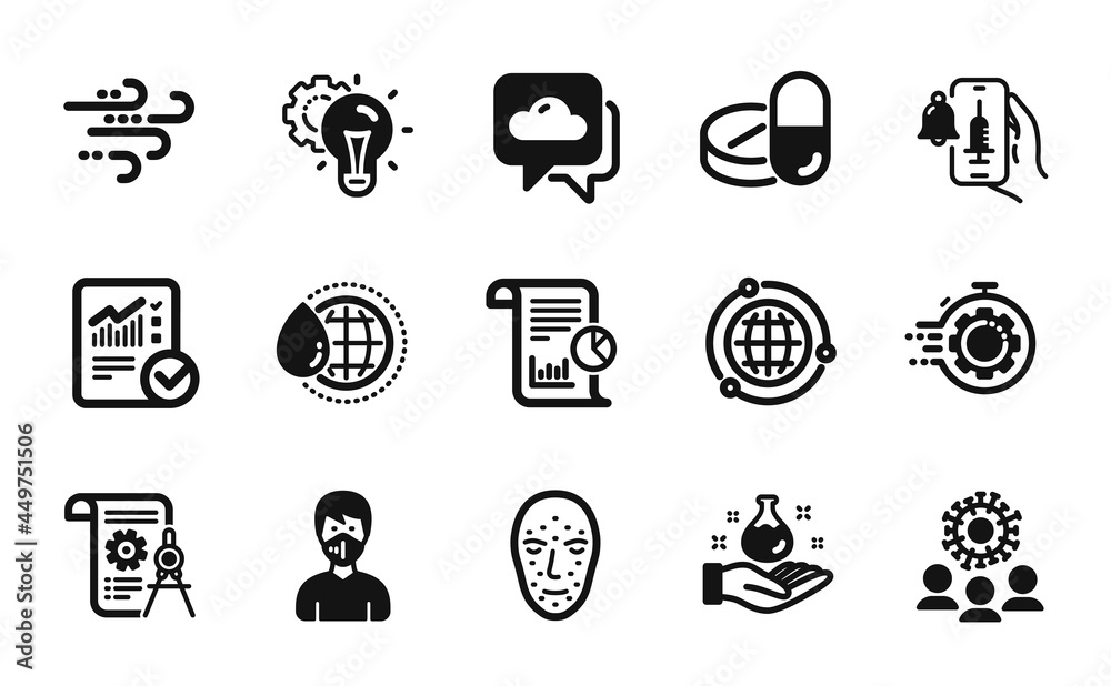 Vector set of World water, Vaccine announcement and Checked calculation icons simple set. Report, Globe and Divider document icons. Idea gear, Seo timer and Coronavirus signs. Vector Vector set of World water, Vaccine announcement and Checked calculation icons simple set. Report, Globe and Divider document icons. Idea gear, Seo timer and Coronavirus signs. Vector