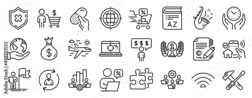 Set of Business icons, such as Save planet, Vocabulary, Reject protection icons. Safe time, Leadership, Person info signs. Hammer tool, Wifi, Employee benefits. Capsule pill, Copywriting. Vector