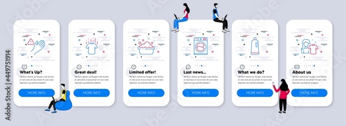 Cleaning icons set. UI phone app screens with teamwork. Included icon as Dont touch, Shampoo, Washing machine signs. Hand washing, Dry t-shirt, Clean shirt line icons. Vector