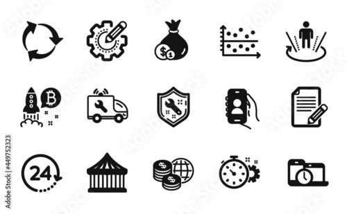 Vector set of Cogwheel timer, Time management and User call icons simple set. Carousels, Car service and Bitcoin project icons. Augmented reality, 24 hours and Dot plot signs. Vector