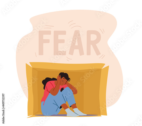 Social Anxiety, Fear Concept. Lonely Introvert Sitting inside of Box Covering Ears. Mental Health, Psychology Problems
