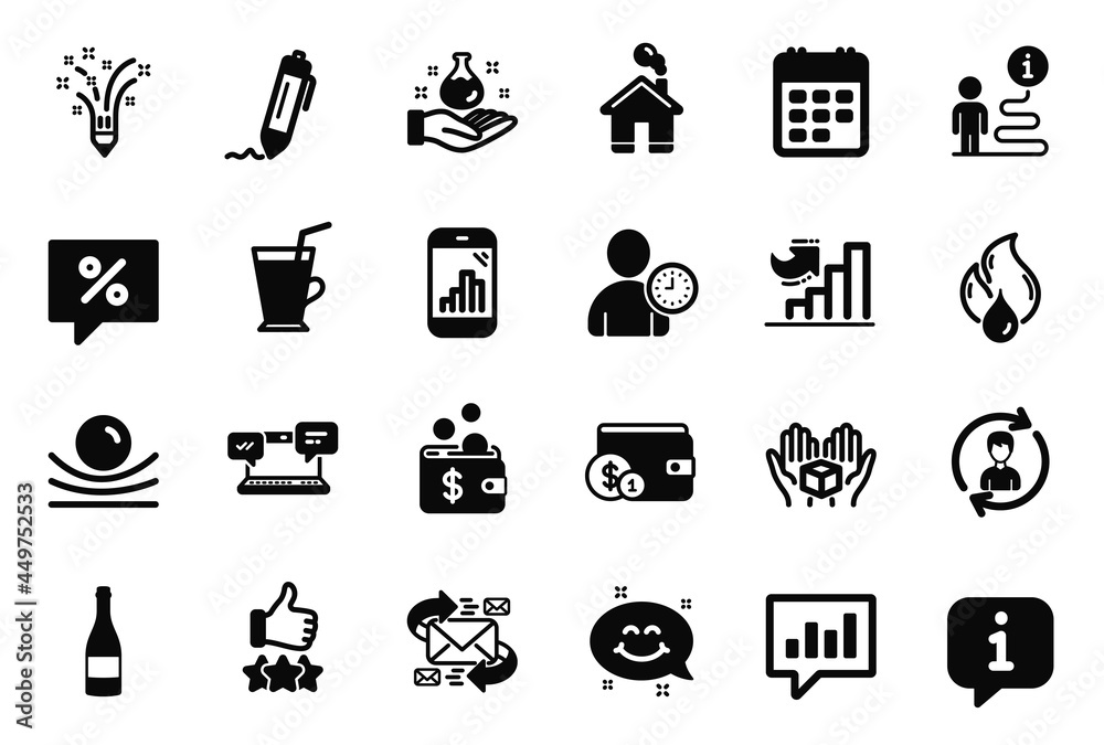 Vector Set of Business icons related to Graph phone, Flammable fuel and Coffee cup icons. Calendar, Home and E-mail signs. Hold box, Smile chat and Rating stars. Time management, Signature. Vector