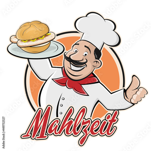funny cartoon chef serving Bavarian specialty bratwurstsemmel with German text meaning enjoy the meal
