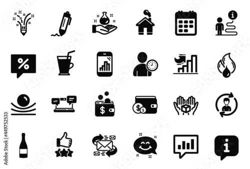 Vector Set of Business icons related to Graph phone, Flammable fuel and Coffee cup icons. Calendar, Home and E-mail signs. Hold box, Smile chat and Rating stars. Time management, Signature. Vector