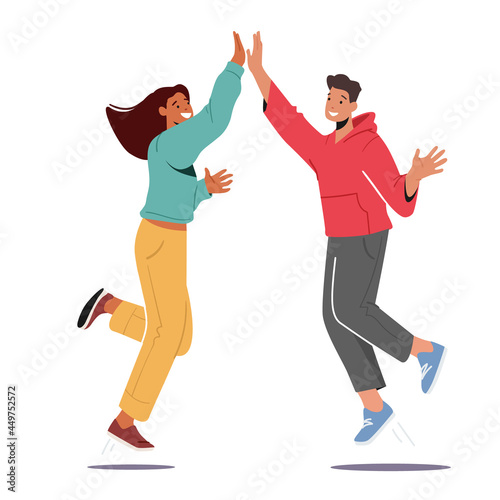 Characters Agree, Celebrate Triumph. Man and Woman Feeling Positive Emotions Giving Highfive to Each Other, Good Mood