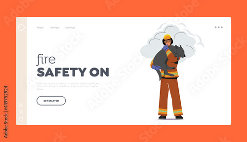 Fireman Saving Dog from Fire Landing Page Template. Firefighter in Costume and Helmet Holding Animal on Hands