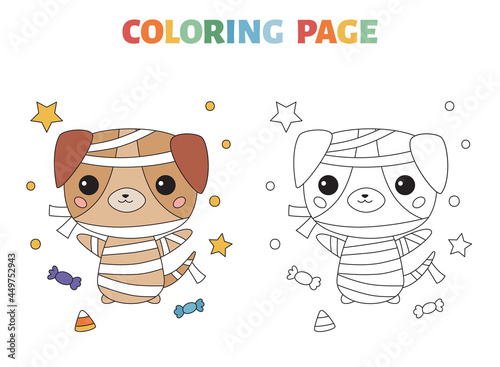 Halloween coloring page with cute mummy dog. Cartoon kawaii character. Educational creative game for preschool kids. Outline black and white vector illustration.