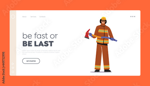 Fireman Holding Axe Landing Page Template. Fire Man with Special Equipment for Fighting with Blaze and Breaking Barriers