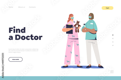 Find doctor on medical platform concept of landing page with pediatrician and kids dentist