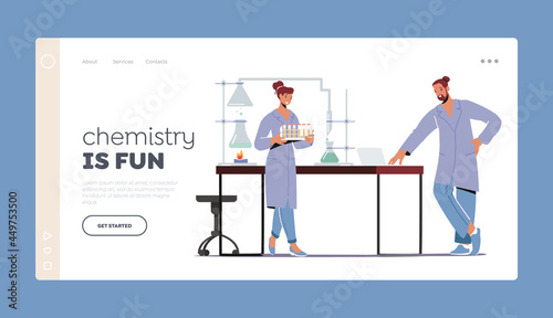 Chemistry is Fun Landing Page Template. Chemists Conduct Experiments and Scientific Research in Laboratory