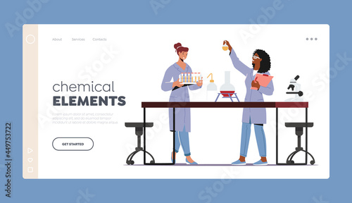 Chemical Elements Landing Page Template. Scientist Female Characters in Coat Conduct Experiment in Scientific Laboratory