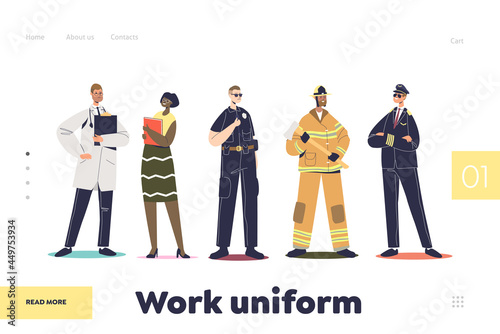 Work uniform landing page with pilot, firefighter, policeman, teacher, doctor in professional wear