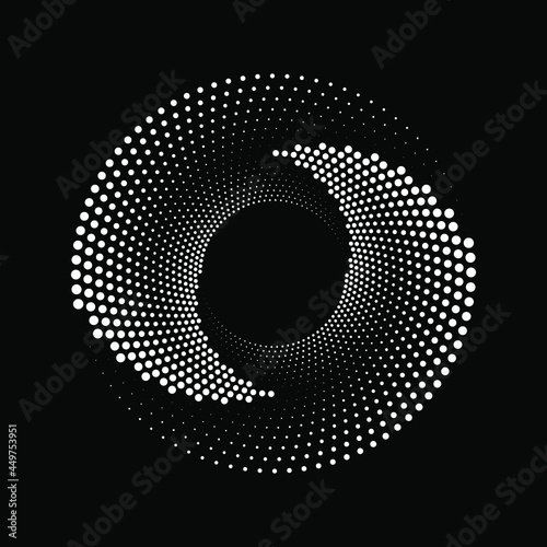 White dotted lines in spiral form. Halftone design element for border frame, round logo, blackout tattoo, sign, symbol, web pages, prints, template, pattern and abstract background