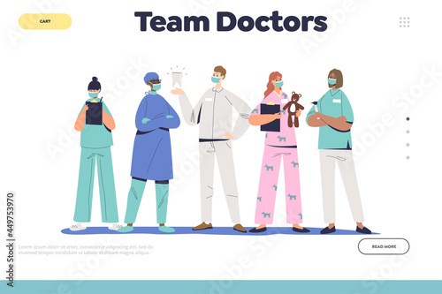 Team of doctors concept of landing page with pediatrician, dentist, surgeon and hospital nurses