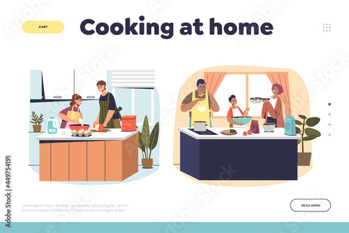 Cooking at home concept of landing page with parents prepare food together with children