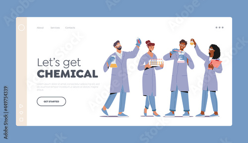 Chemists Landing Page Template Set. Chemistry Staff, Scientific Technicians Conduct Research or Experiment in Laboratory