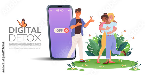 Digital detox concept banner, man retreating from social media and walking out from smartphone to hangout with friends on isolated white background. Vector illustration.