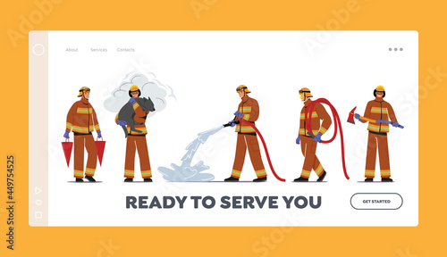 Fire Fighters Landing Page Template. Male Characters in Uniform Holding Buckets, Save Dog and Axe, Spraying Water