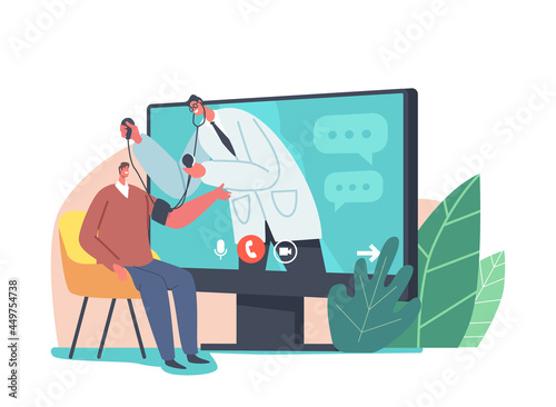 Online Healthcare Service. Doctor Character in White Coat on Pc Screen Measuring Patient Blood Pressure with Tonometer