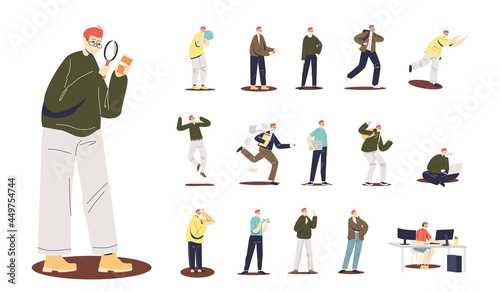 Set of cartoon man hold magnifying glass read instruction to medicines in different situations