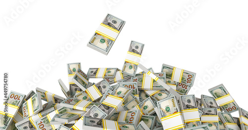 Dollars in packs money falling down. American currency business concept with one hundred dollars bill banknotes. Jackpot winning cash rain. Isolated on white background. 3d illustration.