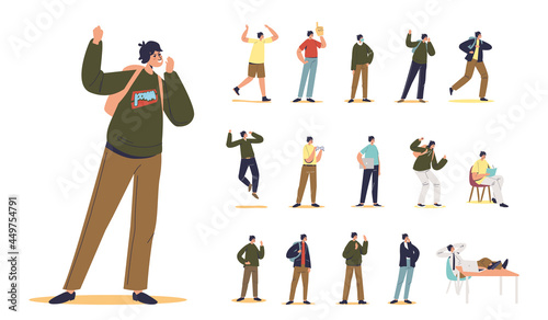Set of young teen or schoolboy cartoon man hipster sweater in different lifestyle situations and poses