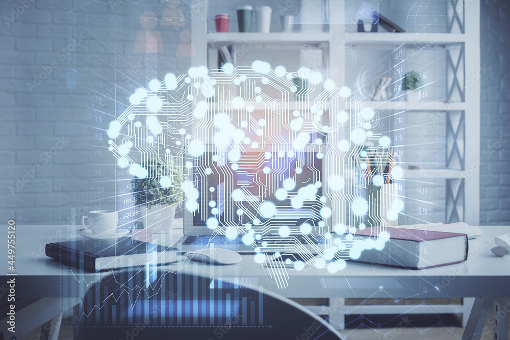 Double exposure of brain drawing and office interior background. Concept of data technology.