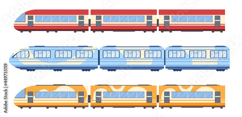Train, Tram and Subway Wagons Side View, Metro Locomotive on Rails, Isolated Modern Commuter City Transport, Railway