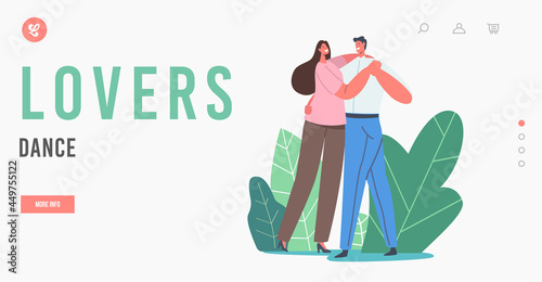 Lovers Dance Landing Page Template. Young Couple Dancing Waltz or Tango. People Active Lifestyle, Man and Woman Dancers