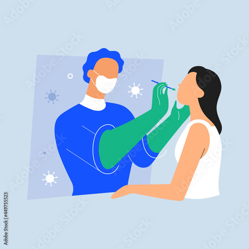 PCR-test in testing booth, rapid walk-through medical exam, doctor collecting specimen through screen with nasal swab in protective gloves in mobile cabin, female patient, vector cartoon illustration