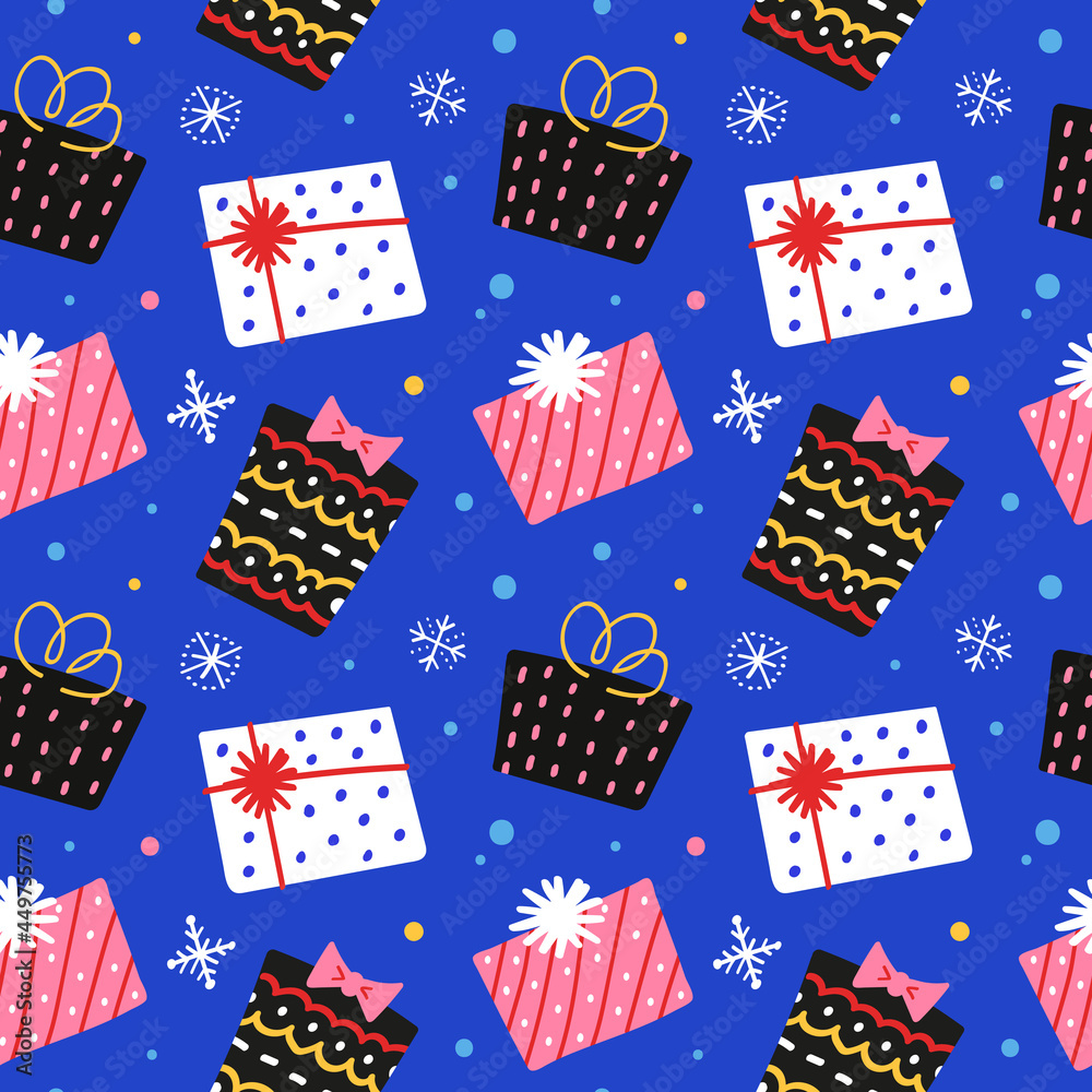 Obraz premium Christmas gifts pattern, gift boxes with xmas ornaments, background for greeting or invitation card, hand drawn cartoon illustration, seamless vector pattern, festive wrapping paper design