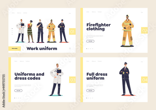 Landing pages with professional uniforms for pilot, fireman, doctor and police officer