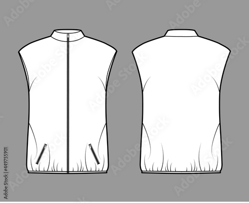 Down vest puffer waistcoat technical fashion illustration with sleeveless, stand collar, zip-up closure, pockets, hip length. Flat template front, back, white color style. Women, men, top CAD mockup
