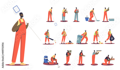 Set of african janitor cartoon man in uniform cleaning street different lifestyle situations