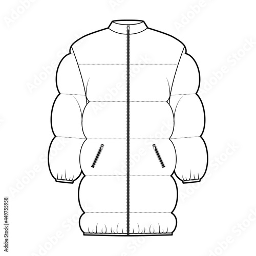 Down puffer jacket coat technical fashion illustration with long sleeves, stand collar, zip-up closure, thigh length, wide quilting. Flat template front, white color. Women, men, unisex top CAD mockup