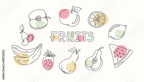 Set of abstract fruits. Line art style. Doodle drawings with colored spots. Vector graphics. Isolated background.