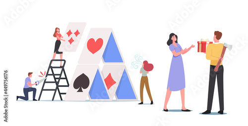Characters with Bad Intentions Saw Ladder to Break House of Cards. Sneaky Insincere Man Holding Axe Giving Gift Present