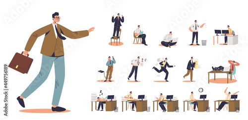 Set of cartoon man office worker hold briefcase walking in different lifestyle situations and poses