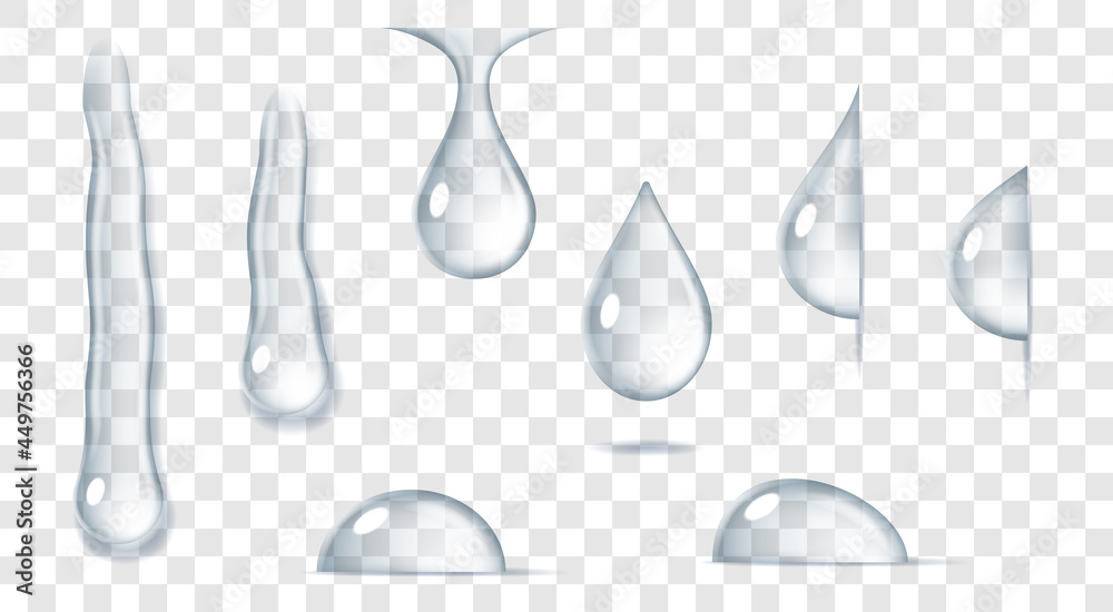 Realistic pure droplets of clear fresh water drop, rain. Set of liquid bubbles on transparent Realistic pure droplets of clear fresh water drop, rain. Set of liquid bubbles on transparent