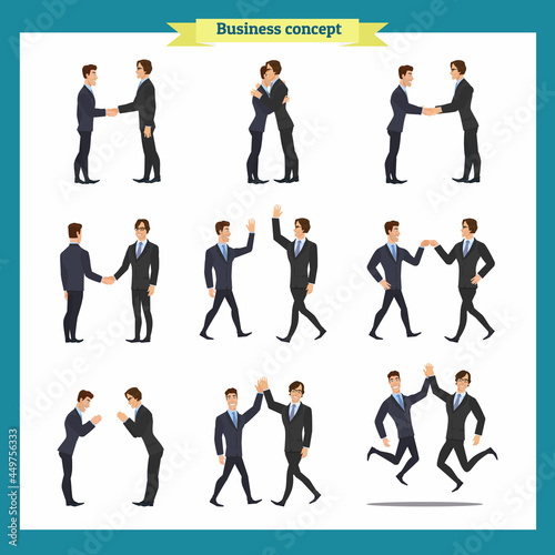 Ready-to-use character set. Businessmen in handshake. Various poses, emotions, greeting, standing, fist bump, giving high five, a bow, a hug. Full length, front, rear view isolated, white background